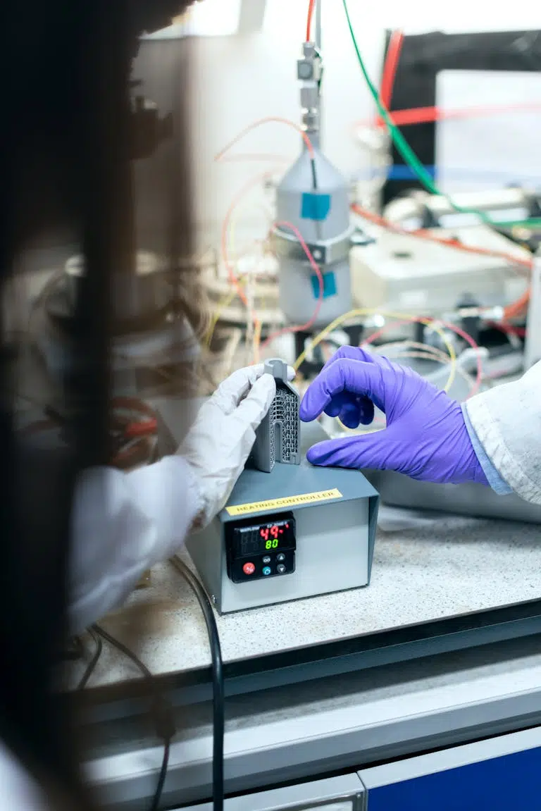 Scientist testing materials in a laboratory setting for clean energy solutions.